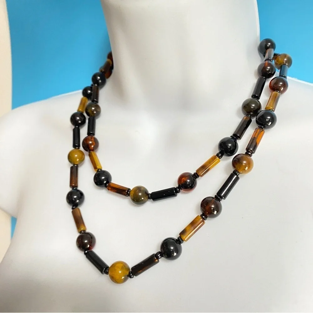 Long Lucite Brown Beads Necklace
